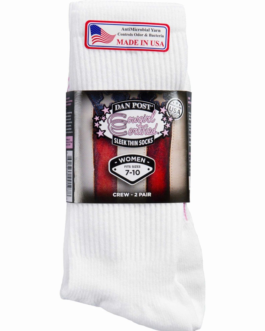 Sock * | Dan Post Women'S Cowgirl Certified Sleek Thin 2 Pack Crew Socks White