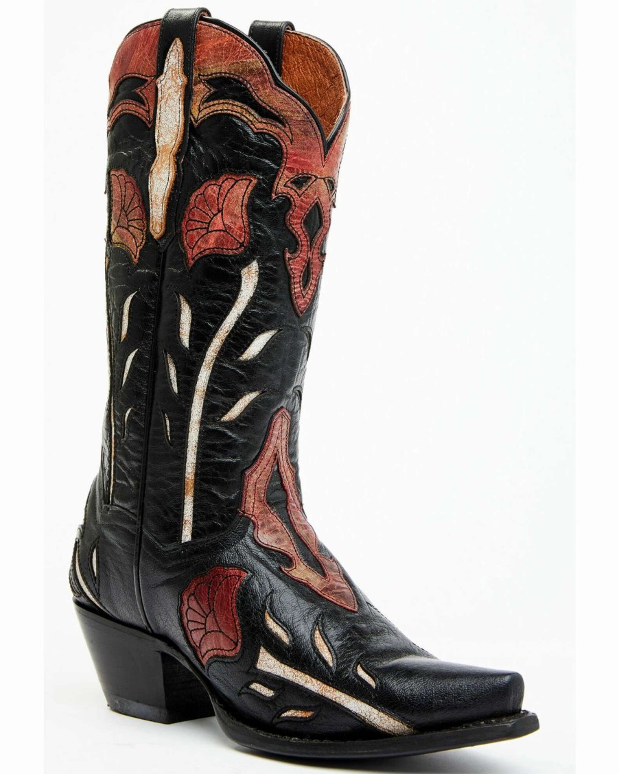 Boot * | Dan Post Women'S Alyssia Floral Leather Tall Western Boots Snip Toe Black