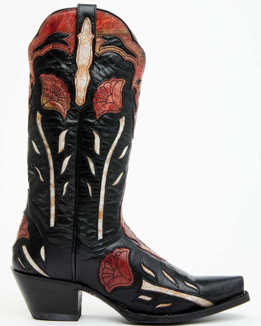 Boot * | Dan Post Women'S Alyssia Floral Leather Tall Western Boots Snip Toe Black